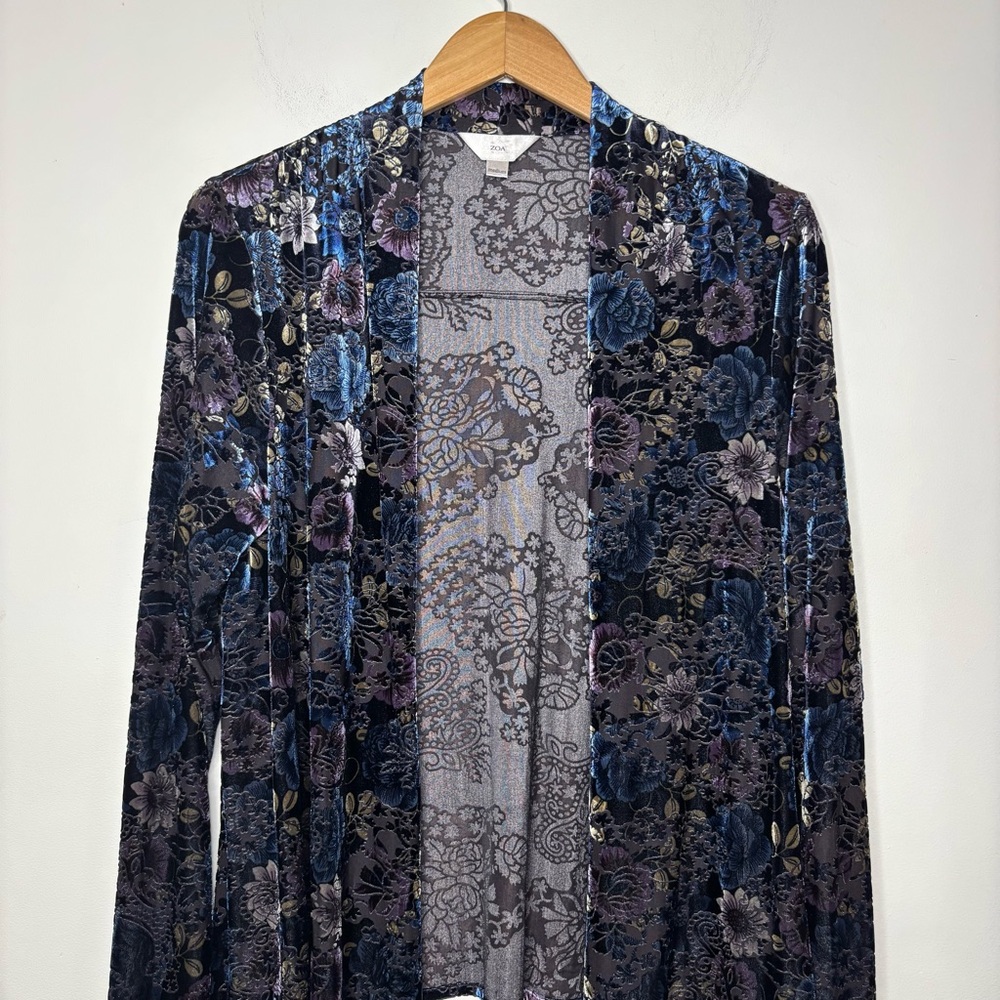 ZOA Velvet Burnout Iridescent Floral Open Cardigan M Lagenlook Boho Goth Fairy - Picture 12 of 16